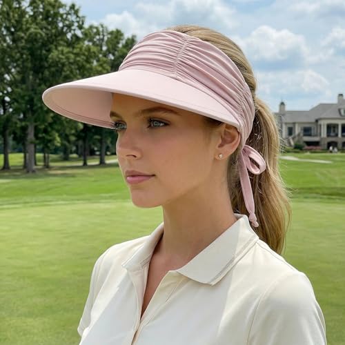 KXF Sun Visors Hat for Women Wide Brim Beach Hat Foldable Visor Hat Cap Ponytail Summer Packable UPF 50+ Adjustable Stretchy - color: Pink