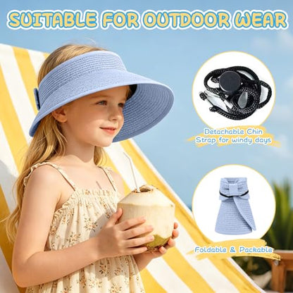 Girls Sun Visor Hat with Ponytail Hole Wide Brim Beach Straw Visor UPF 50+ - color: 1pack-sky Blue