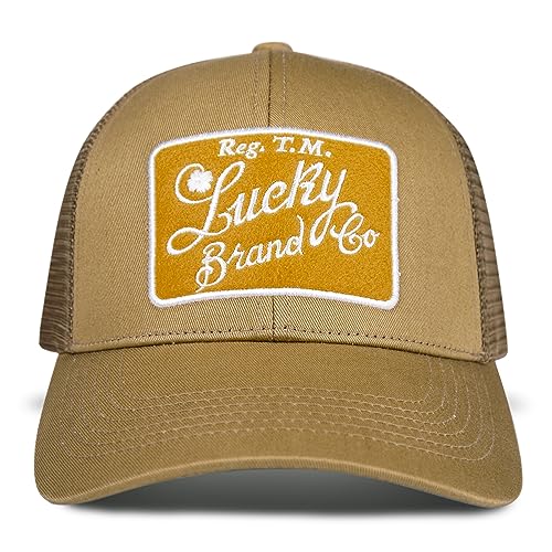 Lucky Brand Trucker Hat | Snapback | Adjustable | Mesh Back | Retro | Baseball Cap | Golf | Fishing | American Heritage - color: Embroidered Patch - Gold