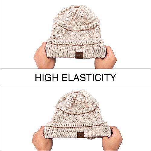 Rosoz 2 Pack Ponytail Beanie for Women,Winter Warm Beanie Tail Soft Stretch Cable Knit Messy High Bun Hat - color: 2pack-black/Beige