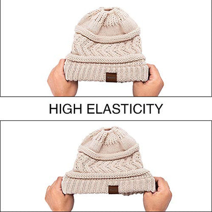 Rosoz 2 Pack Ponytail Beanie for Women,Winter Warm Beanie Tail Soft Stretch Cable Knit Messy High Bun Hat - color: 2pack-black/Beige