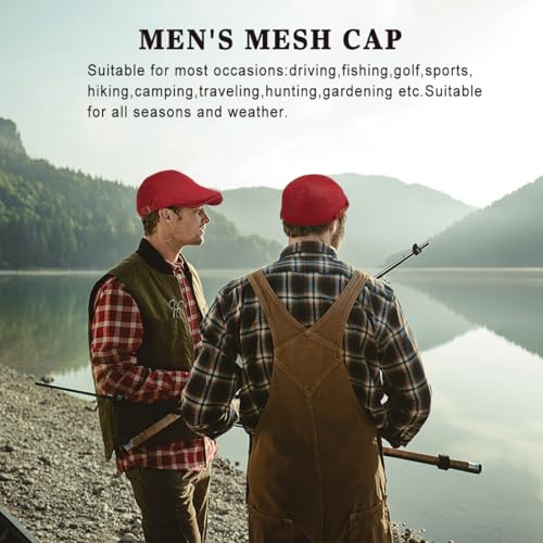 Xinveen Men's Mesh Cap Breathable Summer Newsboy Hat Adjustable Beret Ivy Cap Irish Cabbie Driving Hunting Hats - color: Red