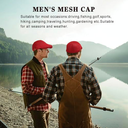 Xinveen Men's Mesh Cap Breathable Summer Newsboy Hat Adjustable Beret Ivy Cap Irish Cabbie Driving Hunting Hats - color: Red