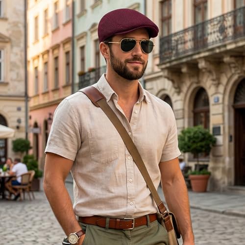 meioro Men's Mesh Flat Cap Summer Breathable Newsboy Hats Beret Ivy Cap Gatsby Irish Cabbie Driving Hat Full Head Wrap - color: Wine Red