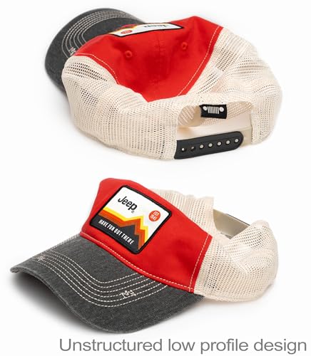 Jeep Have Fun Out There Patch Garment Washed Trucker Hat Unstructured for Men & Women - Adjustable Snapback Baseball Cap - color: Red