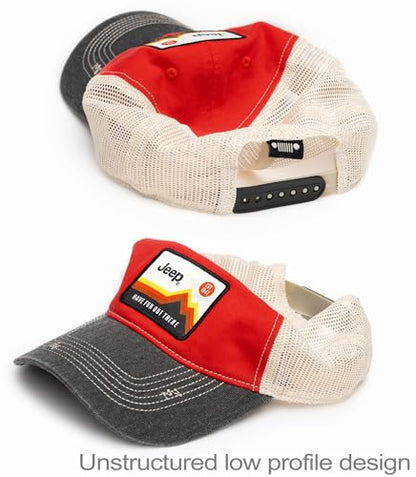 Jeep Have Fun Out There Patch Garment Washed Trucker Hat Unstructured for Men & Women - Adjustable Snapback Baseball Cap - color: Red