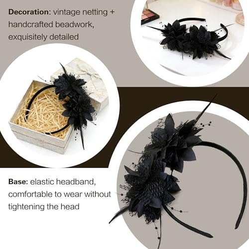 Fascinators for Women Ribbon Feather Tea Party Headwear - color: Black