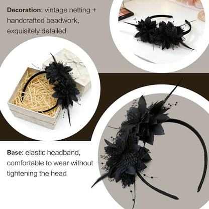 Fascinators for Women Ribbon Feather Tea Party Headwear - color: Black