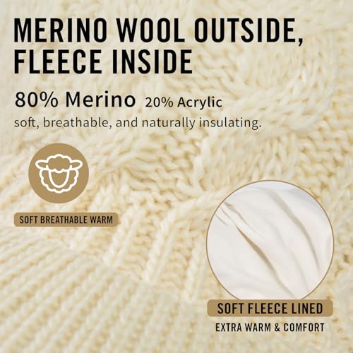 ChicPony™ Merino Wool Visor Ponytail Beanie with Brim Fleece Lined 3 Bun Openings Hole Warm Windproof Knit Cap Winter Hat - color: Ivory Cream(pony)