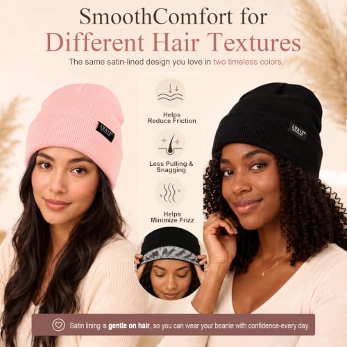 2 Pack Satin Lined Beanies for Men and Women Warm Cuffed Winter Hats - color: Black+pink