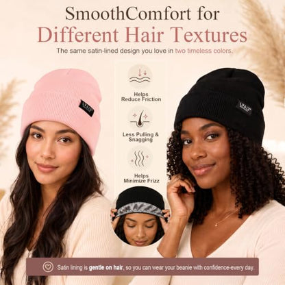 2 Pack Satin Lined Beanies for Men and Women Warm Cuffed Winter Hats - color: Black+pink