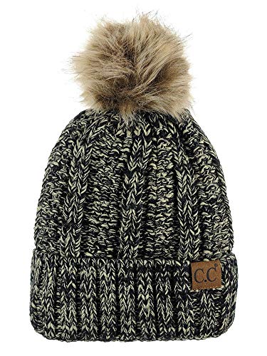C.C Thick Cable Knit Faux Fuzzy Fur Pom Fleece Lined Skull Cap Cuff Beanie - color: 2 Tone Black/Dark Beige