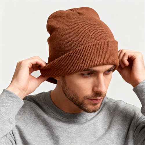 ZOORON Beanie for Men Women Warm Winter Hat Unisex Soft Knit Cuffed Beanie - color: Camel
