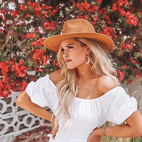 DRESHOW Women Classic Felt Fedora Wide Brim Floppy with Belt Buckle Panama Hat - color: Khaki (Khaki Belt)