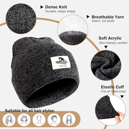 3 Packs Winter Beanie Hats for Men Women, Unisex Soft Warm Thick Beanies, Cuffed Knit Skull Cap - color: Black/Gray/Navy Mix