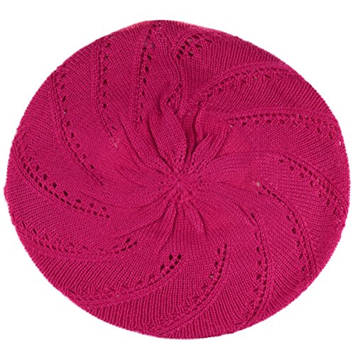 BYOS Chic Parisian Style Soft Lightweight Crochet Cutout Knit Beret Beanie Hat - color: 2-pack Swirl Fuchsia & Black