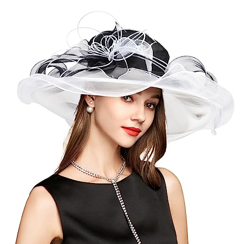2026 Derby Hats for Women Ladies, Classy Organza Sun Hat, Church Tea Party Wedding Kentucky Fascinator Hat - color: 5j-2462-black White