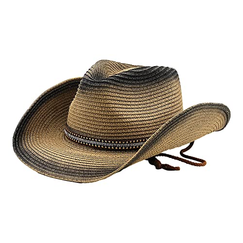 Cowboy Straw Hat Men Women Wide Brim Fedora Panama Bucket Hat UV Protection Vacation Cap Foldable Beach Western Cap - color: Beige-black
