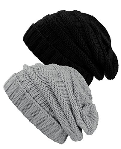 NYFASHION101 Oversized Baggy Slouchy Thick Winter Beanie Hat - color: Black & Natural Gray