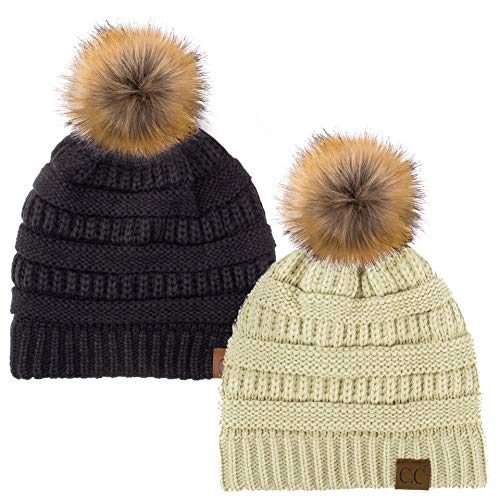 C.C Hat-43 Thick Warm Cap Hat Skully Faux Fur Pom Pom Cable Knit Beanie 2 Pack - color: Beige/Black