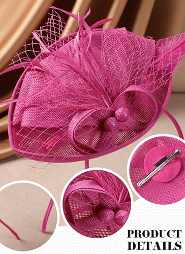 Zinniday Fascinator Tea Party Hat - 2026 Derby Pillbox Kentucky Hat for Women (7.87x5.9inch) - color: Rose Red