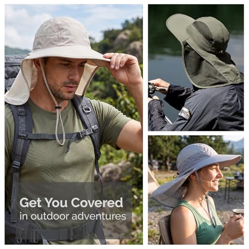 Hat Hut Ultra-Light Sun Hat with Neckflap, UPF 50+, Wide Brim, Breathable Outdoor Hiking Fishing Hats for Men - color: Khaki