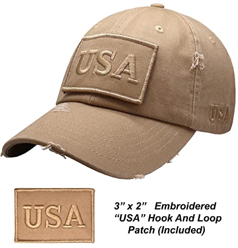 Antourage American Flag Unisex Baseball Hat for Men and Women | USA Flag Mesh Snapback Cap with 2 Patriotic Patches - color: (09) Khaki