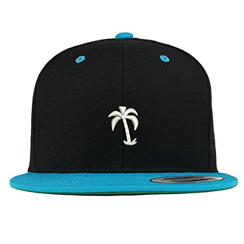 Trendy Apparel Shop Palm Tree Solid White Embroidered Premium 2-Tone Flat Bill Snapback Cap - color: Black Teal