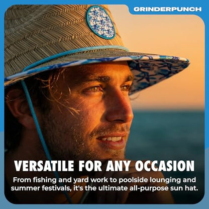 grinderPUNCH Straw Sun Hat for Men Women Wide Brim Beach Fishing UPF 50 - color: White & Blue Floral