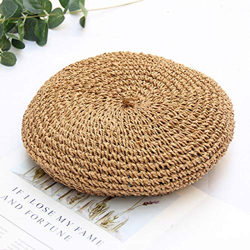 Women Summer Straw Woven Sunhat Classic Beret Artist Painter Sun Hat Cap - color: Khaki