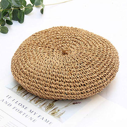 Women Summer Straw Woven Sunhat Classic Beret Artist Painter Sun Hat Cap - color: Khaki