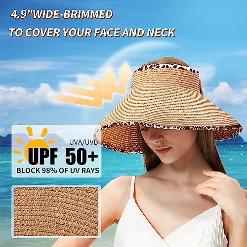 MAYLISACC Foldable Straw Sun Visors for Women, Sun Protecetion Wide Brim Sun Hats Adjustable Topless Beach Hat - color: Khaki Leopard Trim