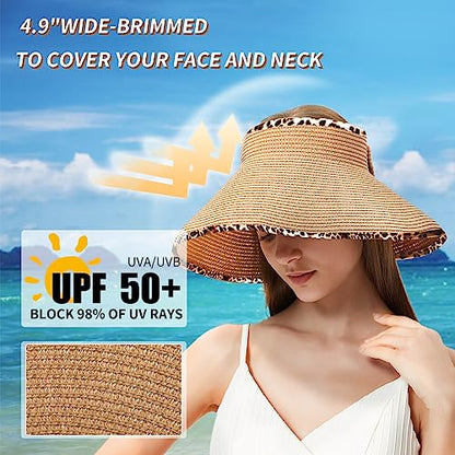 MAYLISACC Foldable Straw Sun Visors for Women, Sun Protecetion Wide Brim Sun Hats Adjustable Topless Beach Hat - color: Khaki Leopard Trim