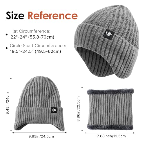 Trifabricy Winter Knit Hat Scarf Set, Fleece Lined Beanie and Neck Warmer - color: Grey