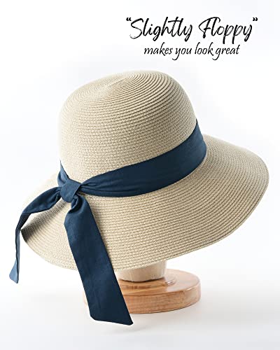 FURTALK Womens Beach Sun Straw Hat Wide Brim UV Protection Travel Hat - color: Beige-sky Blue, size: Large-X-Large