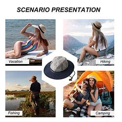 LumiSyne Unisex Two-Tone Bucket Hat Wide Brim Sun Hat UPF 50+ Adjustable Chin Strap Breathable Mesh Packable Boonie Hat - color: Navy Blue + Gray, size: Large-X-Large