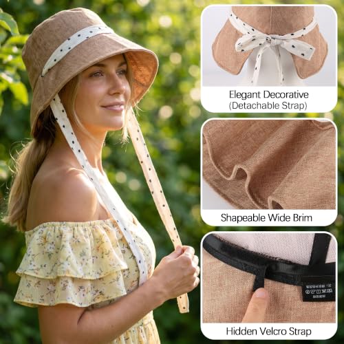 Babalet Linen Blend Sun Hat for Women Wide Brim Beach Bucket Hat - color: Khaki- Ponytail Opening
