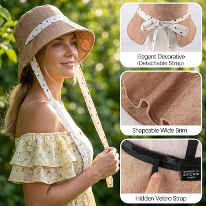 Babalet Linen Blend Sun Hat for Women Wide Brim Beach Bucket Hat - color: Khaki- Ponytail Opening