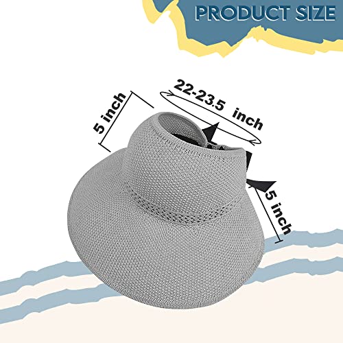 Straw Sun Visor for Women, Wide Brim UPF 50+ Protection Beach Hat, Adjustable, Roll Up Foldable Ponytail Cap with Chin Strap - color: A Light Grey