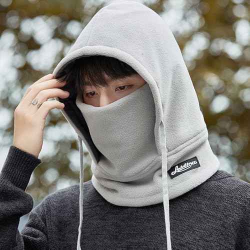 Winter Fleece Ski Mask for Men Women Balaclava Face Mask Windproof Thermal Hood Winter Full Face Neck Cover Warmer - color: Light Grey White Logo