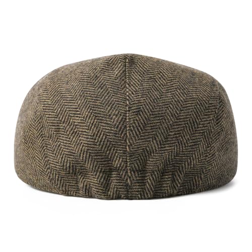 FEINION Men Wool Blend Flat Cap Tweed Newsboy Ivy Hat - color: Herringbone Khaki