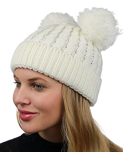 C.C 2 Ear Pom Pom Cable Knit Soft Stretch Cuff Skully Beanie Hat - color: Ivory