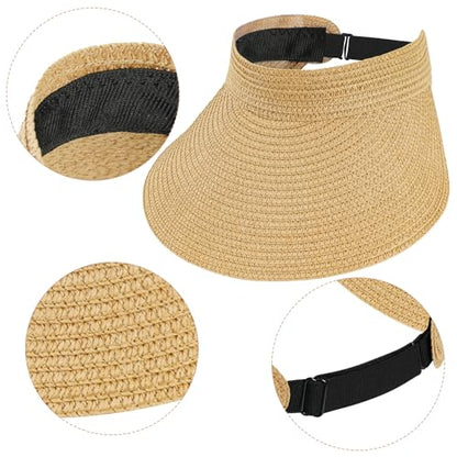 Straw Sun Visors Womens, Ponytail Beach Straw Visor, Packable Summer Sun Hats for Women Travel - color: Khaki