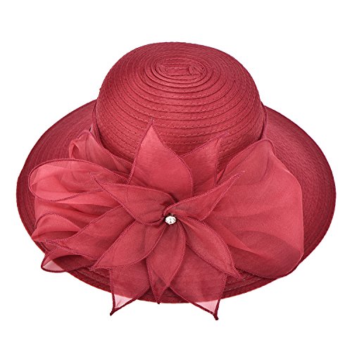 Womens Wedding Occasion Floral Wide Brim Church Dressy Sun Hat A323 - color: Wine