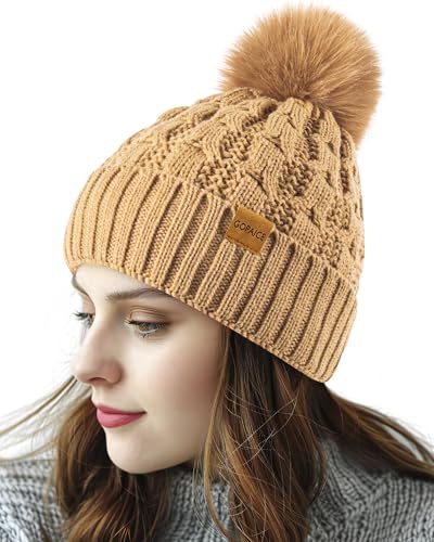Womens Winter Knitted Beanie Hat,Warm Fleece Lined Soft Chunky Trendy Ski Cap with Cute Pom Pom - color: Khaki