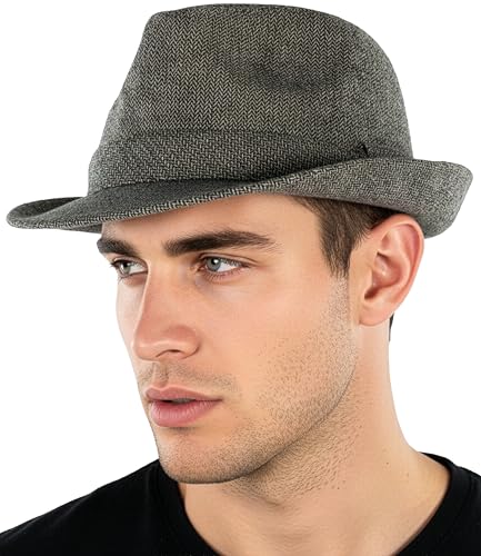 Funky Junque Fedora Hats for Men – Classic Wool Blend Trilby Dress Hat, Short Brim Men’s Fedoras for Formal & Casual Wear - color: Herringbone Brown/Black, size: 6 3/4-7 1/8