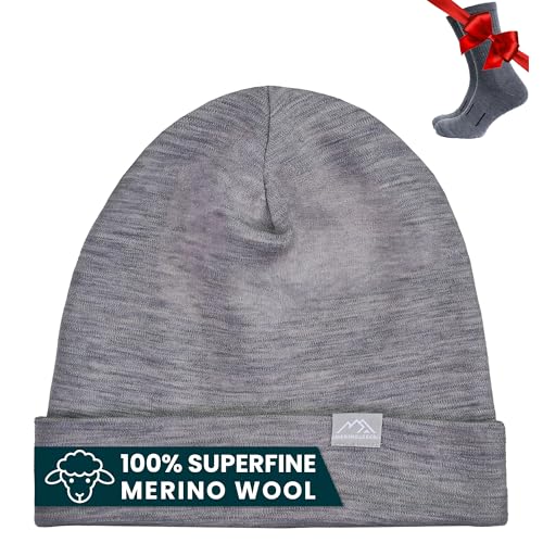 100% Merino Wool Beanie for Women, Men - Set Adult Skull Cap 17.5um & Socks - color: Grey Melange, size: Small-Medium