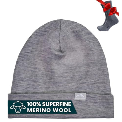 100% Merino Wool Beanie for Women, Men - Set Adult Skull Cap 17.5um & Socks - color: Grey Melange, size: Large-X-Large