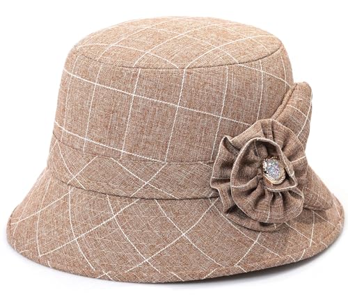 Glamorstar Cloche Hats for Women Vintage Bowler Hat Floral Fedora Bucket Hats - color: Flower Beige