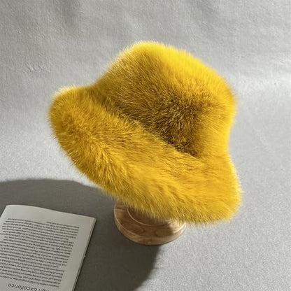 Dikoaina Faux Fur Bucket Hat for Women Girl – Oversized Brim, Super Soft & Fluffy Winter Hat - color: Yellow